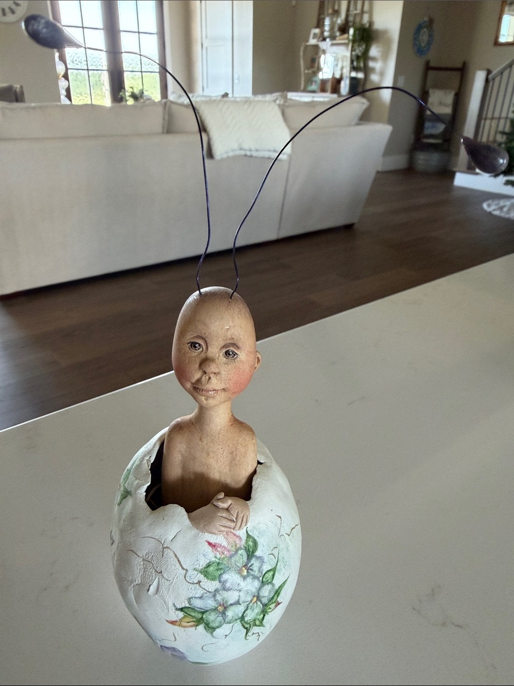Vintage Unique Handcrafted Fairy emerging from white floral Egg - Home Art